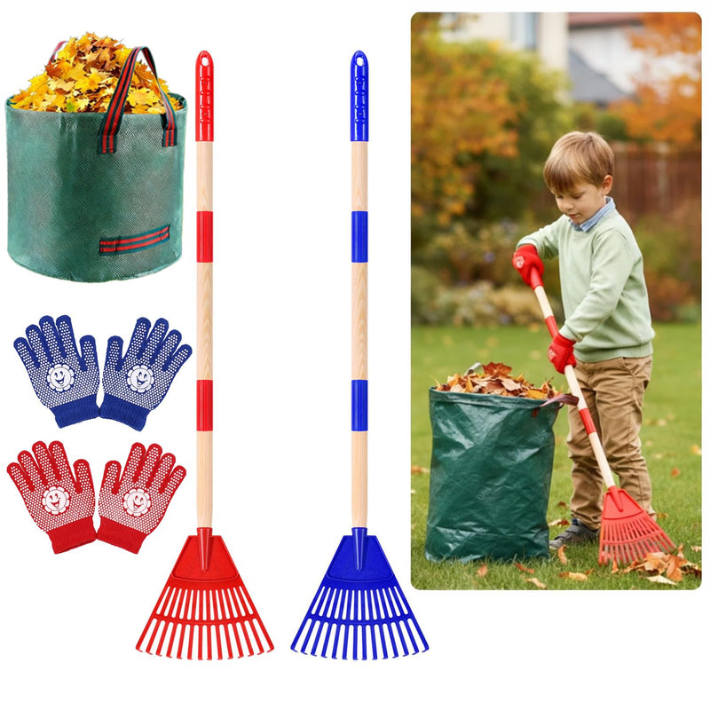 2 Pack Kids Adjustable Leaf Rake Set – 28" to 34" with Detachable Wooden Handles, Lightweight Plastic Head, Designed for Kids, Includes 2 Pairs of Gloves & Leaf Bag (Red/Blue) Red and blue