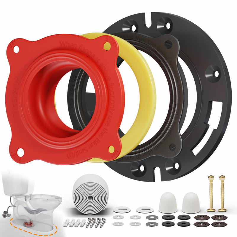 Universal Toilet Flange Repair Kit TF02-RI – Includes Flange, Elastic Wax Ring Gasket & Waterproof Sealing Tape with Brass Bolts, Better Than Toilet Wax Seal, Double Sealing Protection Flange+Caps+Tape Red