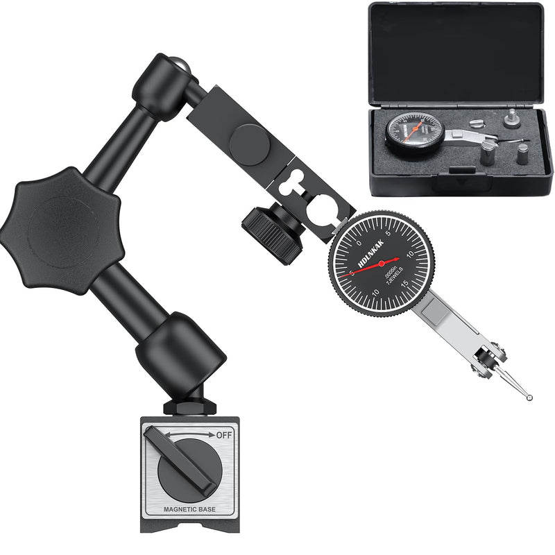 HDLNKAK Dial Test Indicator with Magnetic Base Stand（90lbs /40kg), 0-0.03"x0.0005" Test Indicator，with 3 Metal Dovetail Clamps in Storage Case (Black) Black