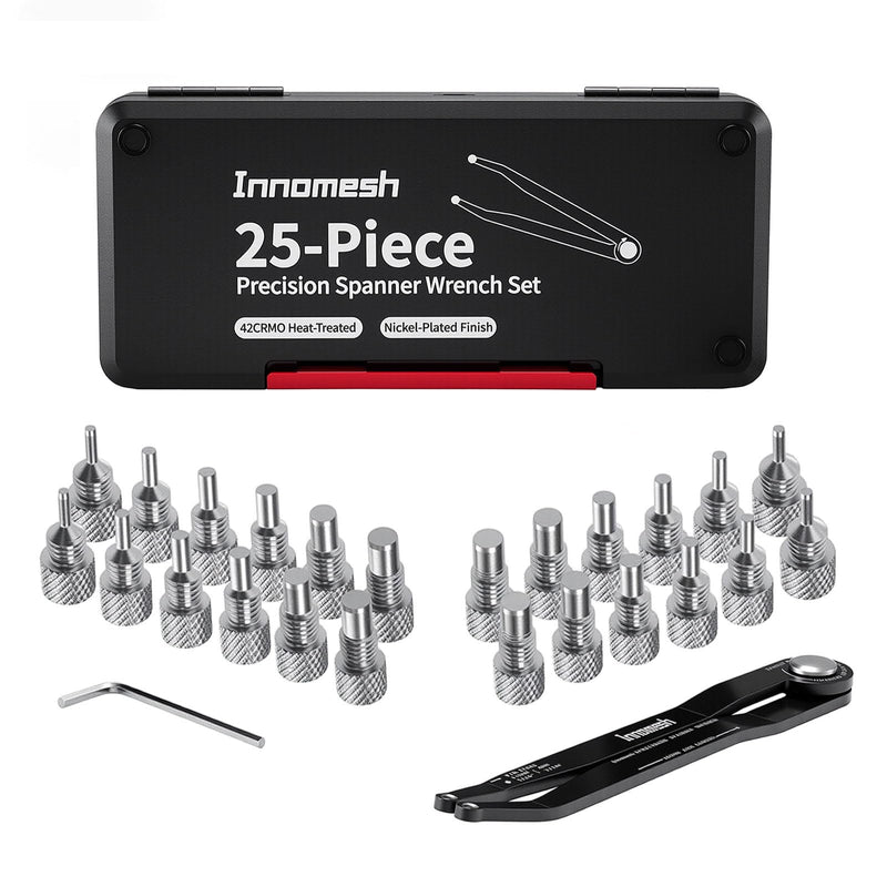 25 Piece Pin Spanner Wrench Set,42CRMO Heat-Treated,Nickel-Plated Finish,Adjustable Spanner Wrench for Bearings,Pulleys & Lock Nuts,Metric & Imperial Precision Pin Wrench,160mm Arms,180° Rotation 25PC