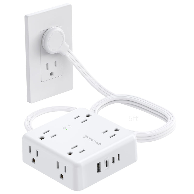 TROND Surge Protector Power Strip, 5ft Flat Plug Extension Cord, White | 8 Outlets & 4 USB Ports(3 USB C), 1625W, 1440J, Wall Mount Outlet Extender for Home Office Dorm Room Essentials