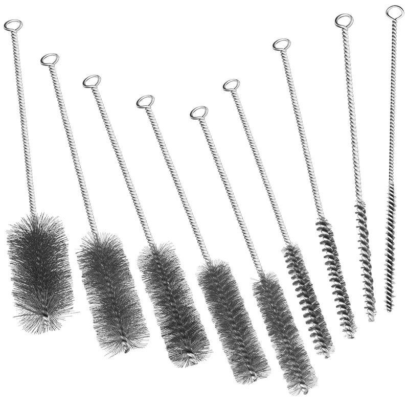 16 Inch Extra Long Pipe Cleaning Brush Set, Stainless Steel Bristles Bore Brush, 9Pcs Variety Wire Brush Pack for Auto Parts, Bottles,Tubes Silver 9 Pieces, 16 Inches