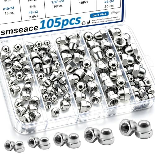 smseace 105Pcs 304 Stainless Steel SAE Acorn Nuts Assortment Kit Silver-105Pcs