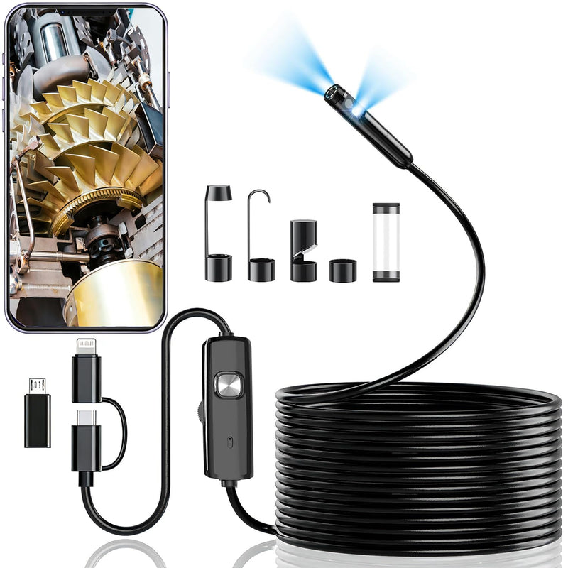 Dual-Lens Endoscope Camera with Light, 1920P HD Borescope with 8 Adjustable LEDs, 16.4FT Semi-Rigid Snake Cord, IP68 Waterproof Inspection Tool for iOS, Android, Automotive, Plumbing, HVAC (7.9mm)
