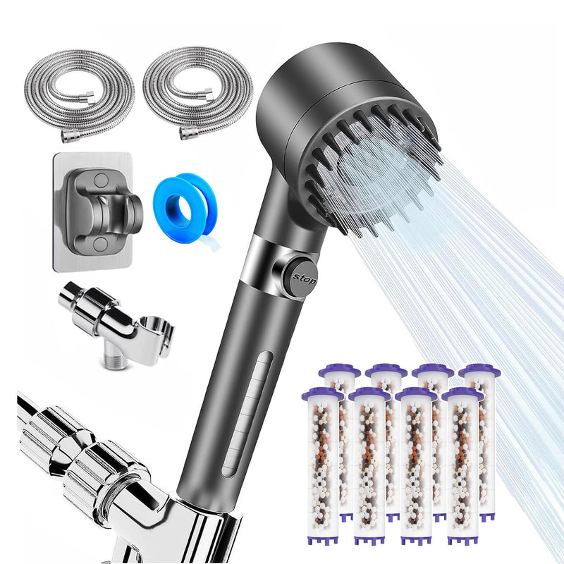 Filtered Shower Head with Handheld, 3 Spray High Pressure Ionic Technology Showerhead, 8 Filters & Anti-Clog Nozzles for Hard Water, Filter out Impurities Reduce Dry Itchy Skin, 2 Hoses, ON/OFF Switch