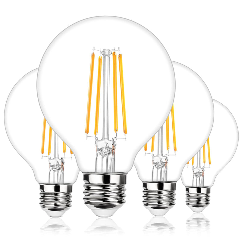 G25 LED Globe Light Bulbs, Dimmable Edison Filament Vanity Light Bulbs, 8W 100W Equivalent, 1200 Lumens Bright, 2700K Soft White, E26 Medium Base Clear Glass for Bathroom Vanity Mirror, 4 Pack Soft White 2700k