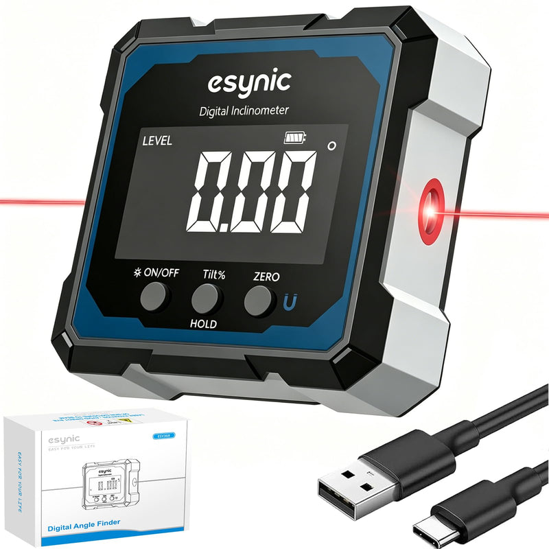 eSynic High Precision Digital Angle Finder with Laser-USB-C Rechargeable-4 Sides Magnetic Digital Angle Gauge-Rugged Aluminum Alloy Frame-for Construction (Laser Level: Class II Output: 0.51mW)