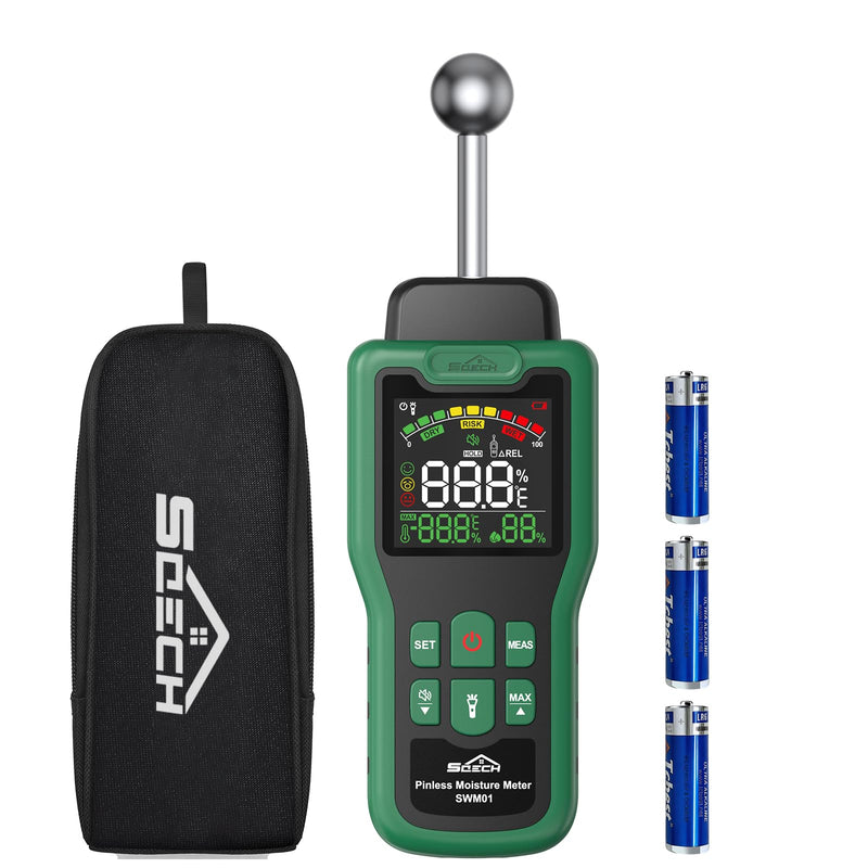 Moisture Meter, SQECH Pinless Moisture Meter with Thermometer, Flashlight, Alarm, Multifunctional Wood Moisture Meter with Color LCD, for Walls, Wood, Masonry, Caravans, Apartments