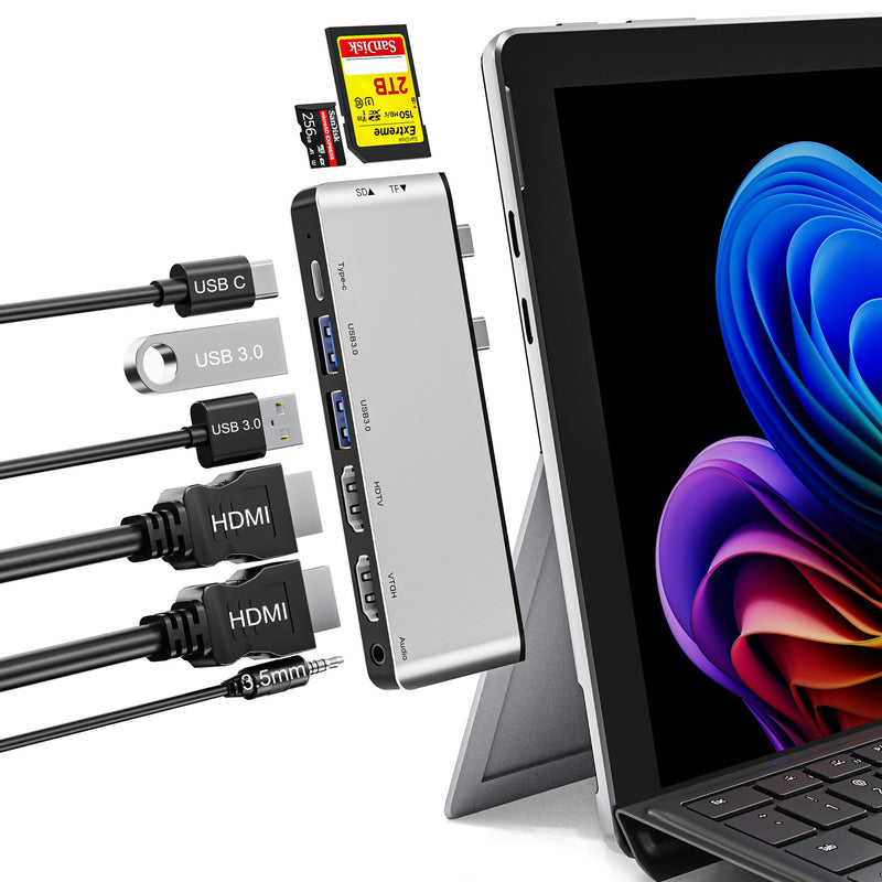 Surface Pro 9/10/11 Docking Station - 8-in-1 Triple Display Surface Pro 9/10/11 Accessories Adapter with Dual HDMI 4K, 1x USB C (100W, 40Gbps), 2x USB 3.0, SD/Micro SD Card Reader and 3.5mm Audio Jack Silver