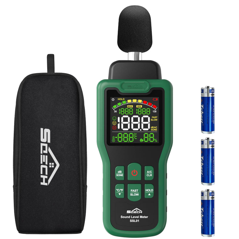 Decibel Meter, SQECH 30-130dB Sound Level Meter with Temperature & Humidity, SPL Meter with Color Backlit Display, A/C Weighted, dB/SONE Unit, FAST/SLOW Response, MAX/MIN, Data Hold, for Home/Factory