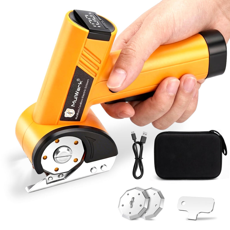 Mulwark Cardboard Cutter Electric, 4.2V Electric Scissors Cordless LED Display, Includes 2 Spare Blades, 4-Speed Electric Box Cutter for Cardboard, Carpet, Plastic, Leather, Portable Cutting Tool