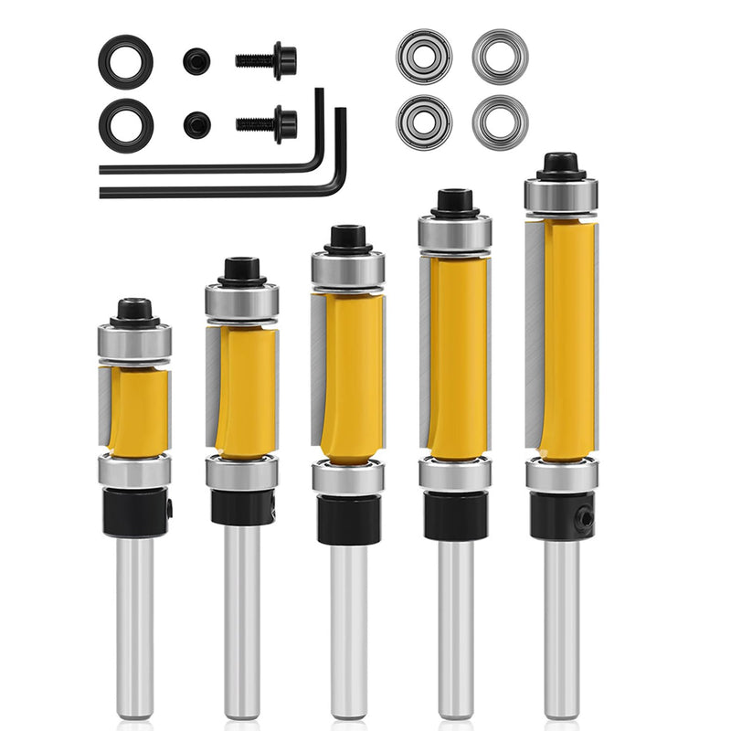 5Pcs Top and Bottom Bearing Flush Trim Router Bits Set 1/4 Inch Shank, 1/2 Inch Cutting Diameter, 33/64", 3/4", 1", 1-1/4", 1-1/2" Inch Cutting Length, with Replace Bearings and Wrenches SIZE 4