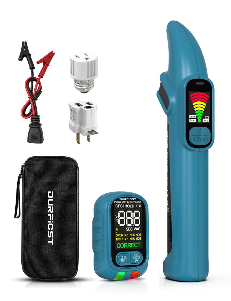 DURFICST Circuit Breaker Finder Tool with Electrical GFCI Outlet Tester, NCV Electrical Circuit Tracer Kit with LCD Display, Includes Adapters and Carrying Case DCT330KIT