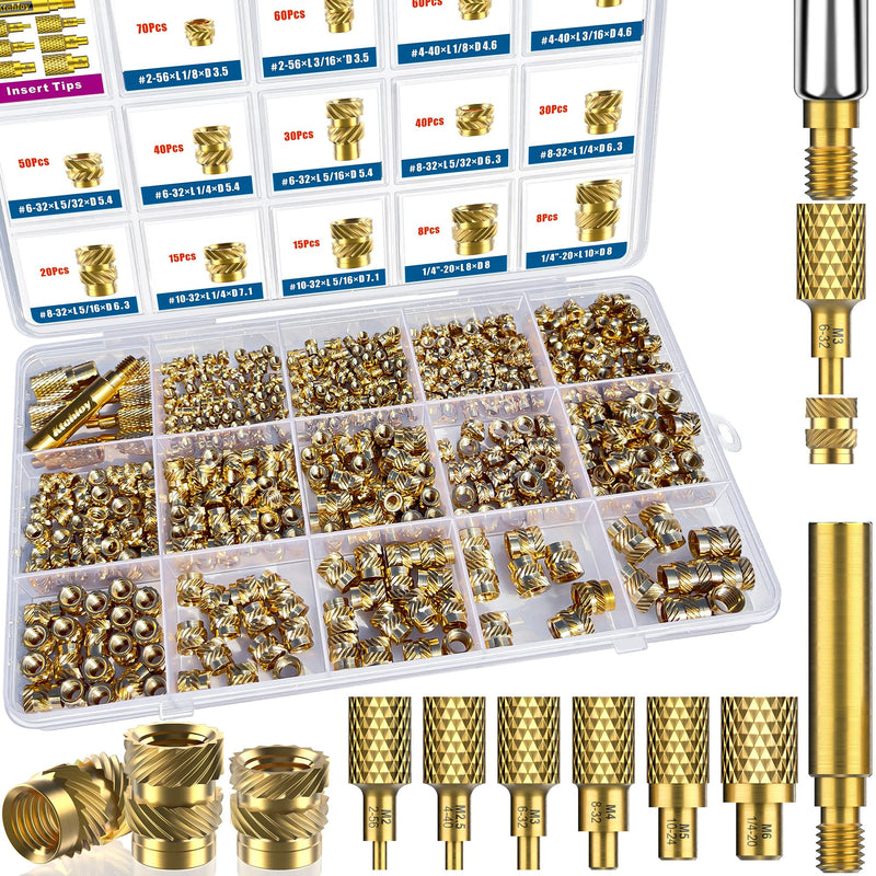 513Pcs SAE Threaded Inserts, #2-56#4-40#6-32#8-32#10-32 1/4"-20 Female Thread Knurled Nuts Assortment Kit, Brass Heat Set Insert for Plastic and 3D Printing Components #2-56 #4-40 #6-32 #8-32 #10-32 1/4"-20