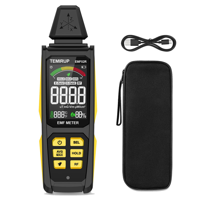 5-in‑1 EMF Detector, Electromagnetic Field Radiation Detector for EF, RF, MF, WiFi,5G Signal, Temperature/Humidity Measurement, Rechargeable EMF Meter for Home, Office, and Paranormal Investigation Yellow