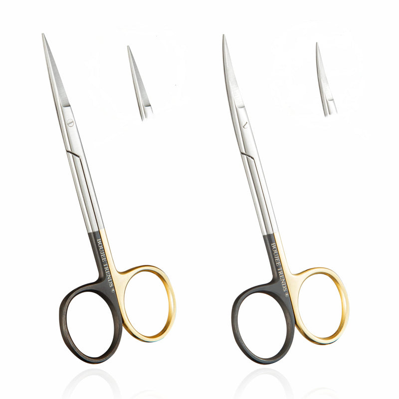 Set of Iris Micro Dissecting Scissors Black/Gold Rings 4.5" STR/CVD Serrated Super-Cut Fine Points for Skin Tag Medical Surgical Suture Dental Professional & Training (Set of STR/CVD) Set of STR/CVD
