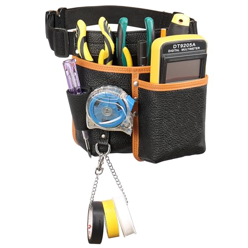 Leather Tool Belt, Electrician Tool Pouch, Genuine Leather Construction, Featuring 6 Pockets, Electrical Tape Chain, and Tape Measure Pouch. (Electrician Tool Kit) Electrician Tool Kit