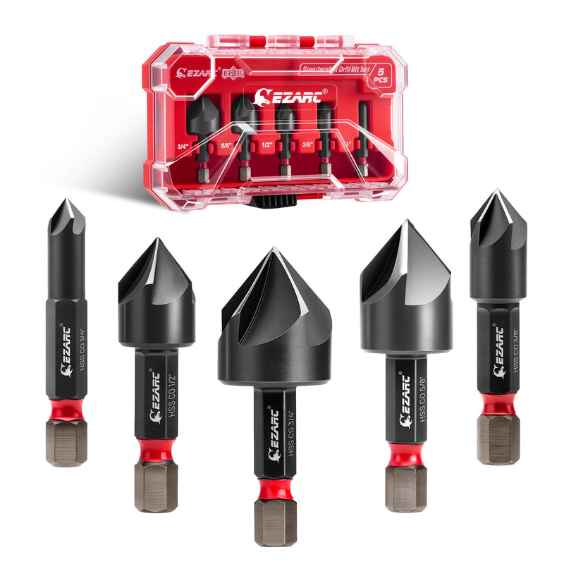 EZARC Countersink Drill Bit Set for Hard Metal, Titanium Aluminum Nitride Coated Counter Sink Drill Bit with 1/4" Hex Shank, 82 Degree 5 Flutes Design, 1/4” 3/8” 1/2” 5/8” 3/4”, 5PCS with Storage Box