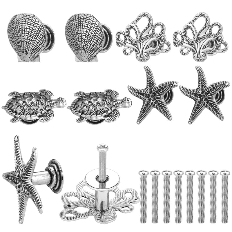 Zonon 8 Pcs Coastal Nautical Cabinet Knobs, Beach Ocean Themed Drawer Knobs, Starfish Seashell Sea Turtle Octopus Cabinet Pulls & Handle, Metal Knob for Dresser Cupboard Wardrobe (Pewter) Pewter Vintage