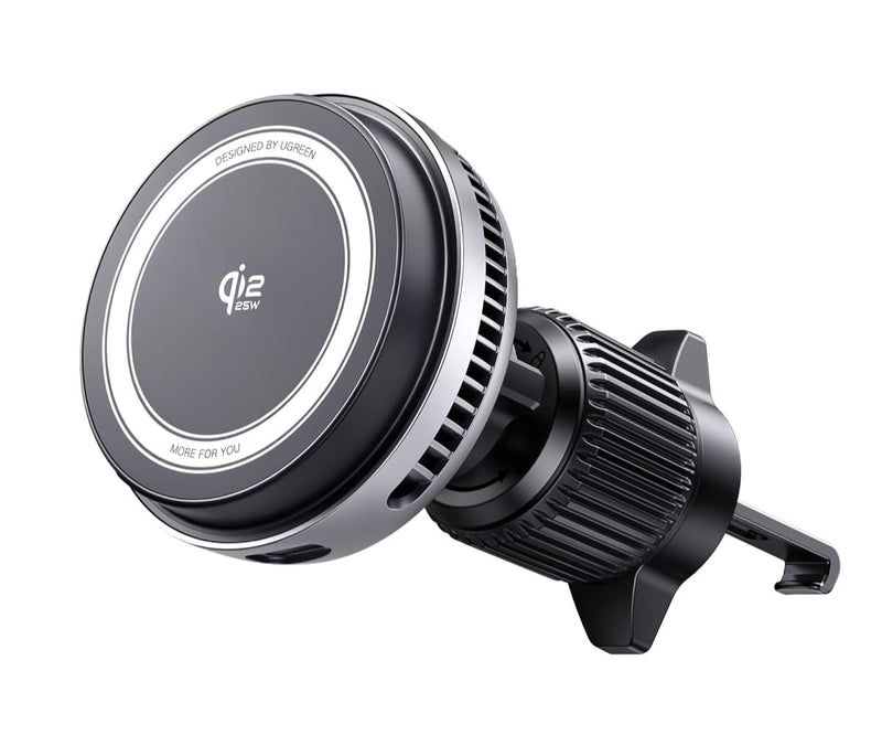 UGREEN Qi2.2 25W Wireless Car Charger Mount with Silent Cooling Fan (TEC) | Air Vent Clip and Fast Power, LED Lights, 360°Adjustable Car Phone Holder for iPhone 17-12 Series, 5FT Cable, No Adapter