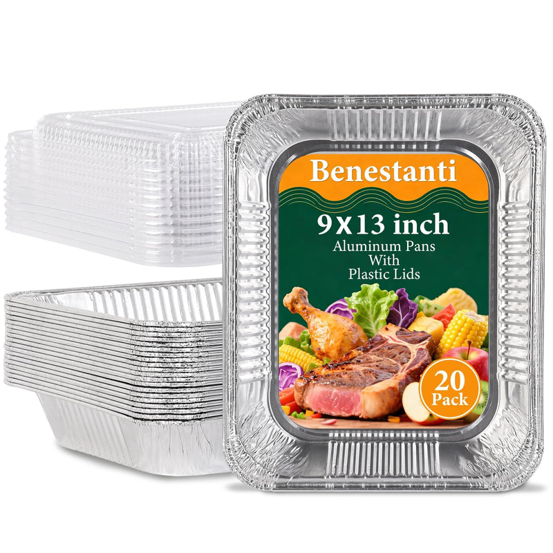 9x13 Inch Disposable Aluminum Foil Pans with Clear Lids(20 Pack)Half Size Tin Foil Pans,Disposable Food Containers Baking Pans For Cooking, Meal Prep, Roasting, Chafing, Heating, Steam Table 20