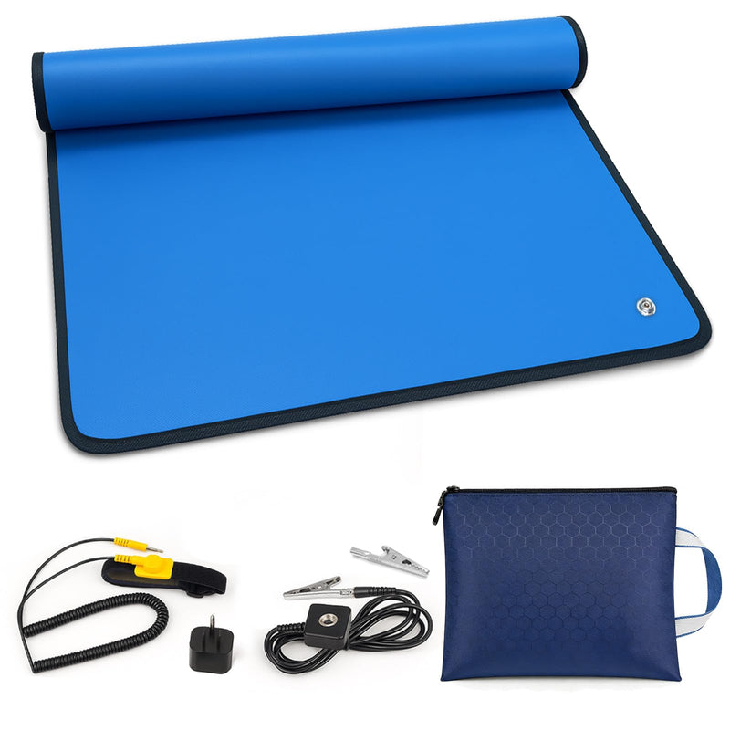 Portable Anti Static ESD Mat Kit for PC Building & Electronics Repair – Static Dissipative Protection with Wrist Strap, Alligator Clip & Grounding Plug for DIY, Students & Home PC Upgrades (Upgraded) Upgraded Kit (Storage Bag + 13in Strap)