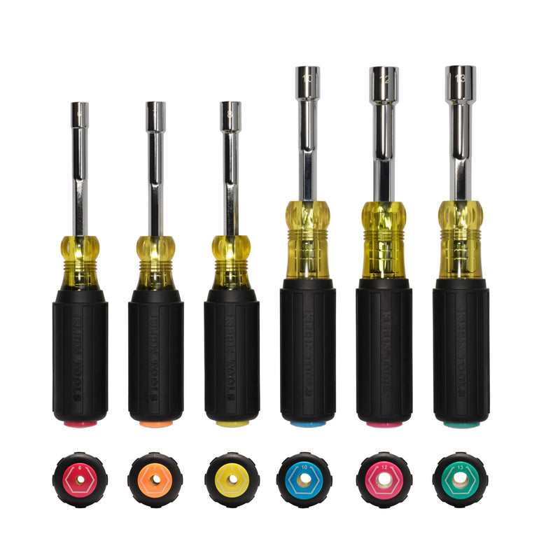 Klein Tools 65456M Metric Color-Coded Hollow-Shaft Nut Driver Set, 6-Piece, Heavy-Duty, Color-Coded Hex Sizes 6mm to 13mm, Cushion-Grip Handles, 6-Piece 6-Piece Set