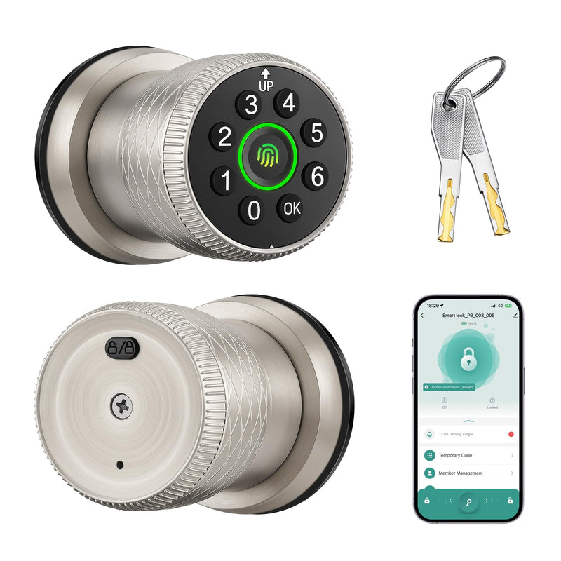 Fingerprint Door Knob, Smart Biometric Door Lock Keyless Entry with Auto-Lock for Front Door, Bedroom, Interior or Exterior Use in Satin Nickel 1
