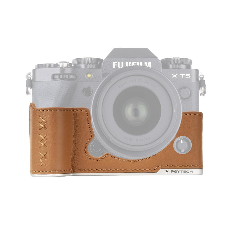 PGYTECH Genuine Leather Camera Half Case for FUJIFILM X-T5 Clay Brown | Classic Handcrafted Camera Protective Cover with Aluminum Baseplate, Retro Camera Case Cover, SD Card Slot & Quick Release