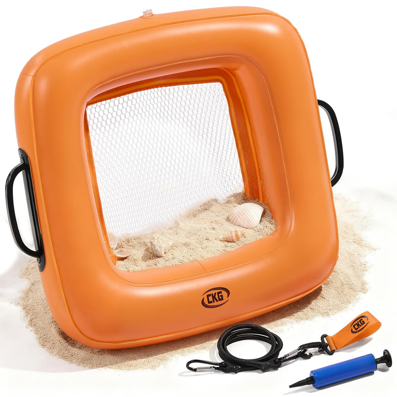 CKG Floating Inflatable Sand Sifter, Lightweight Durable Shark Tooth Sifter for the Beach with Comfortable Grip & Double Sifting Mesh, Perfect for Metal Detecting, Beach Accessories PVC