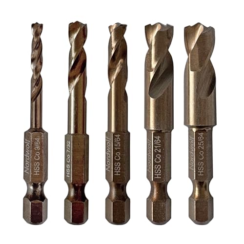 NordWolf 5-Piece M35 Cobalt Stubby Drill Bit Set for Stainless Steel & Hard Metals, with 1/4" Hex Shank for Quick Chucks & Impact Drivers, SAE Sizes 9/64"-7/32"-15/64"-21/64"-25/64" in Storage Box 9/64" to 25/64" (5 Pcs)