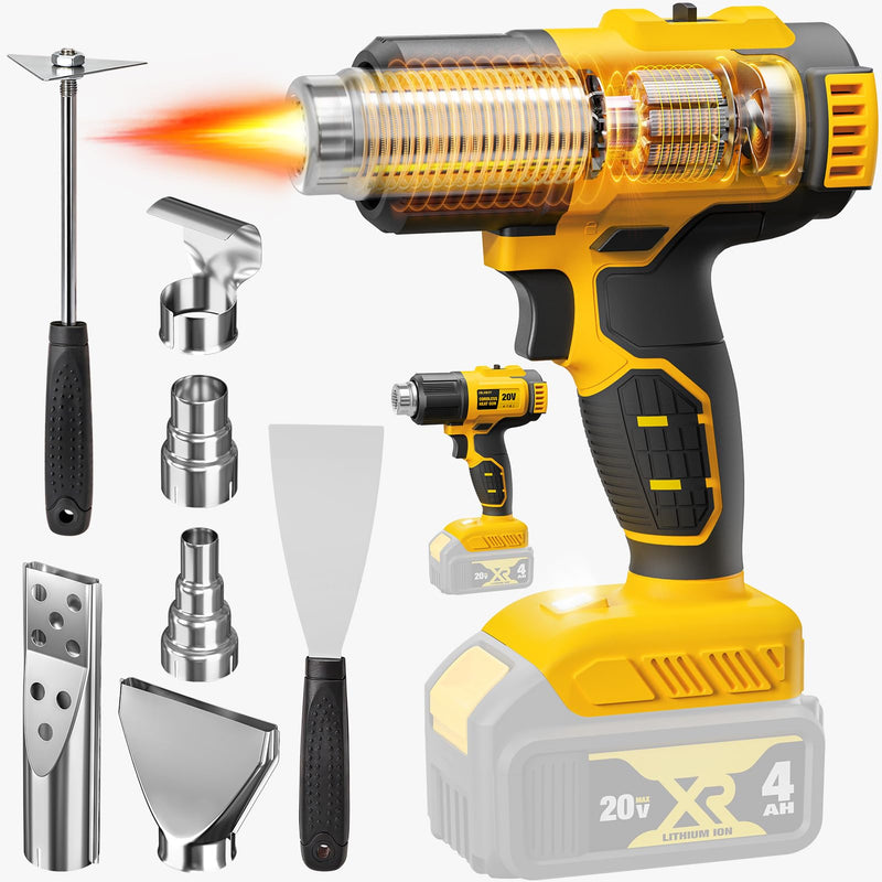 Cordless Heat Gun for De-WALT 20V MAX Battery, 7Pcs Nozzles&Scraper, LED Light, 350W Fast Heating Soldering Hot Air Gun, 2-Temp Setting Max 990℉(532℃), Heat gun for Shrink Tubing, Crafts (Tool Only) Yellow (Battery and Charger Not Included)