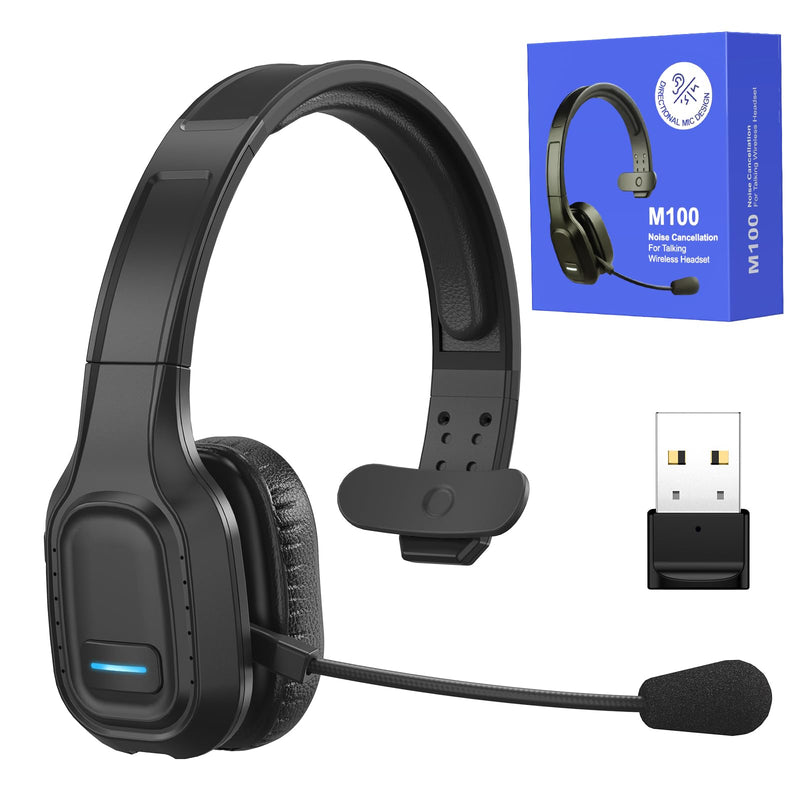 Bluetooth Headset for Truck Drivers, Single Ear Wireless Headset with Mic and USB Dongle, AI Noise Canceling Microphone, Mute Button, 45H Talk Time for Office Calls, Call Center, Phone and PC