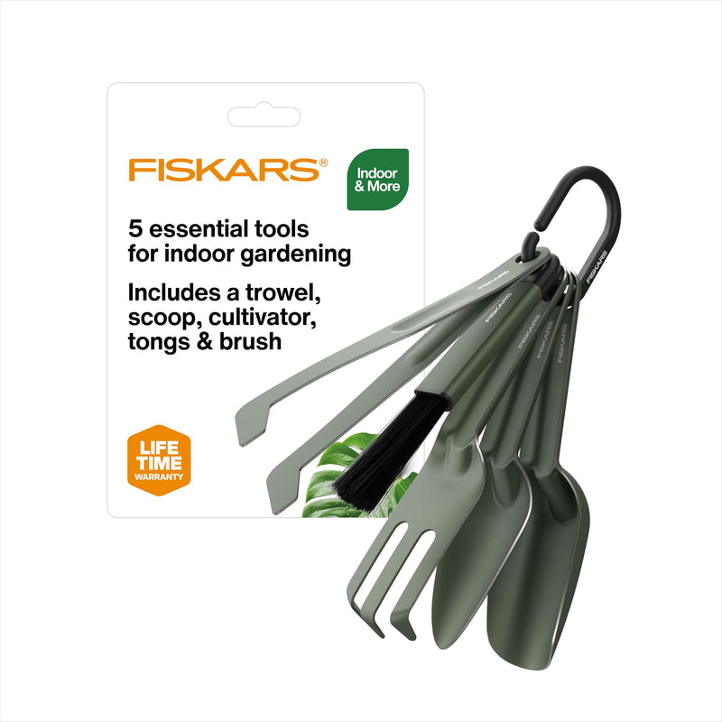 Fiskars 5-Piece Plant Cultivating Tool Set, Nesting Trowel, Soil Scoop, Cultivator, Tongs & Brush for Indoor Gardening, Stainless Steel w/Green Powder Coat Finish, Space Saving Design for Houseplants 5-Piece Set