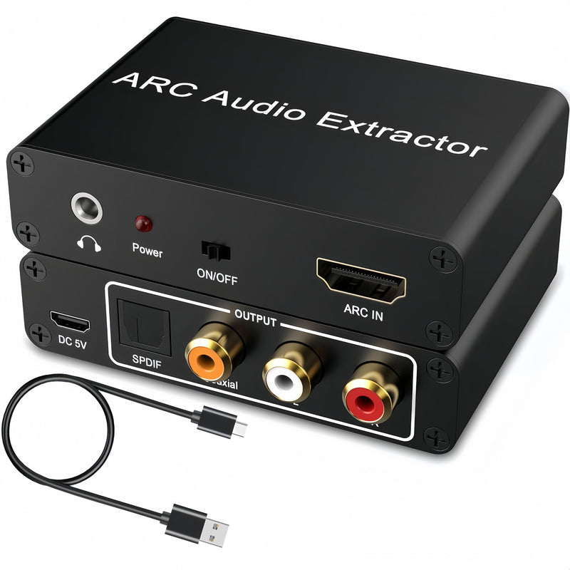 HDMI ARC Audio Extractor Converter, 192KHz ARC Audio Extractor Output Optical SPDIF/Coaxial/RCA and 3.5mm Jack Stereo Adapter for HDTV Link to Soundbar, Home Amplifier, Speaker ect 5in HDMI ARC Audio Extractor