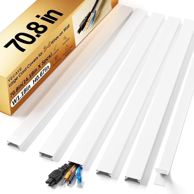 Yecaye 70.8in Large Cord Hider, W1.18in H0.67in, White | Wire Covers for 3-4 Cords on Wall, Cord Hider Wall, TV Cord Hider Kit, Paintable