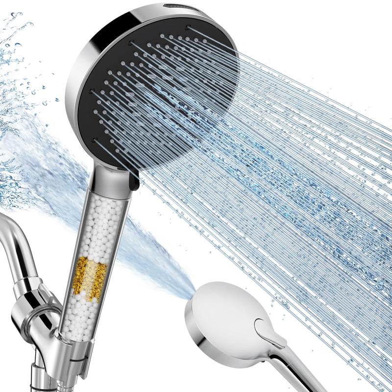 SR SUN RISE NSF Certified Filtered Shower Head with Handheld for Hard Water to Remove Chlorine High Pressure 9-Spray Setting (with Power Wash) Anti-Clog Nozzles (1 Filter, Chrome Silver) 2.5 Gallon Per Minute+1 Filter