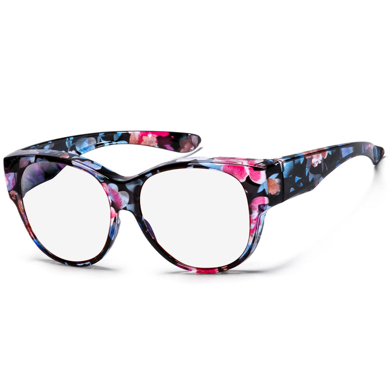 OptiCraft Blue Light Blocking Glasses Wear Over Prescription | Alleviate Eye Strain & Reduce Headaches, Round Lightweight Oversized Design, Ideal for Office Work and Daily Use A01 Floral / Clear
