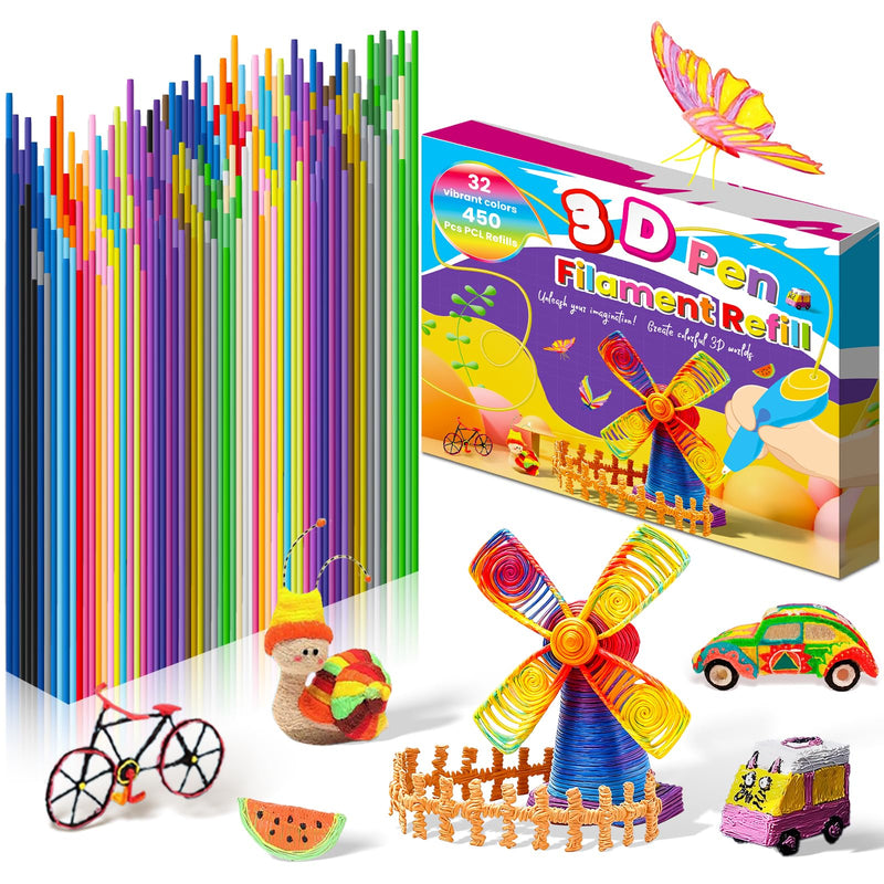 450 Pcs 3D Pen Printer Filament Refill for Start 3D Pen,32 Colors 2.5mm Thick Low Print Temperature PCL Filament Only Fit for 3Doodler Pens,Each Length 6 Inch 450 Pcs