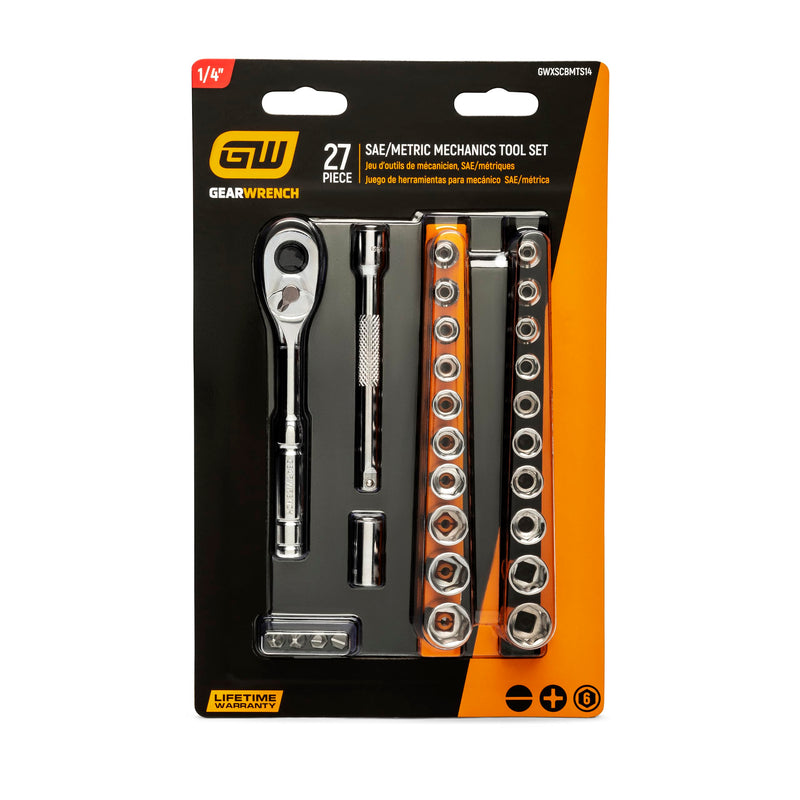 GEARWRENCH Mechanics Hand Tool Set, 27 Pc, 1/4 in Drive, Socket Rail and Bit Holder, Metric/SAE | GWXSCBMTS14 SAE/Metric 27 Piece