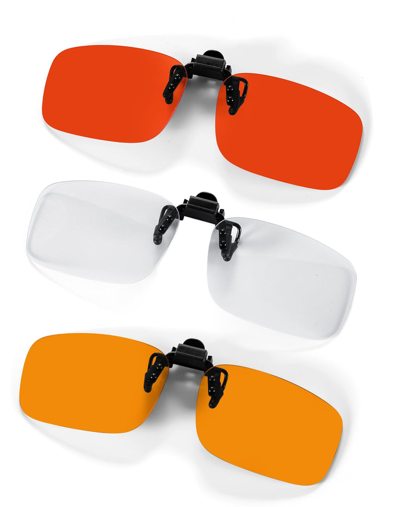 OptiCraft 3 Pack Clip On Blue Light Blocking Glasses, Flip Up Glasses | Computer Gaming, Eye Strain & Sleep Support, UV protection Multifocal Lenses, 12g Ultra Light Fit Over RX Eyeglasses Frame