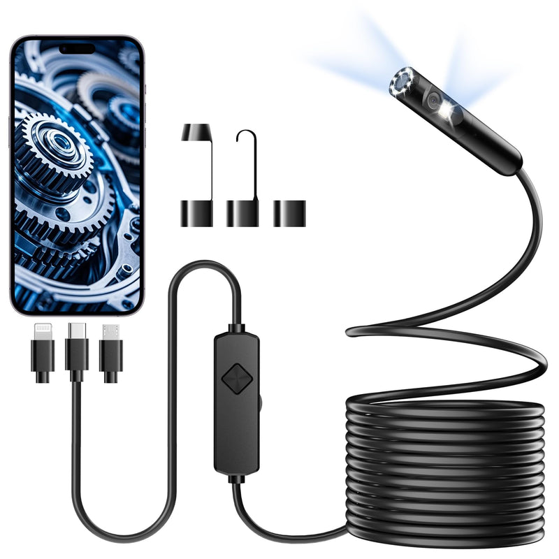 Endoscope Camera with Light, 1920P HD Borescope with 8 Adjustable LEDs, Semi-Rigid Snake Cable, IP67 Waterproof Inspection Camera for iOS & Android - 16.4FT-Dual Lens Black