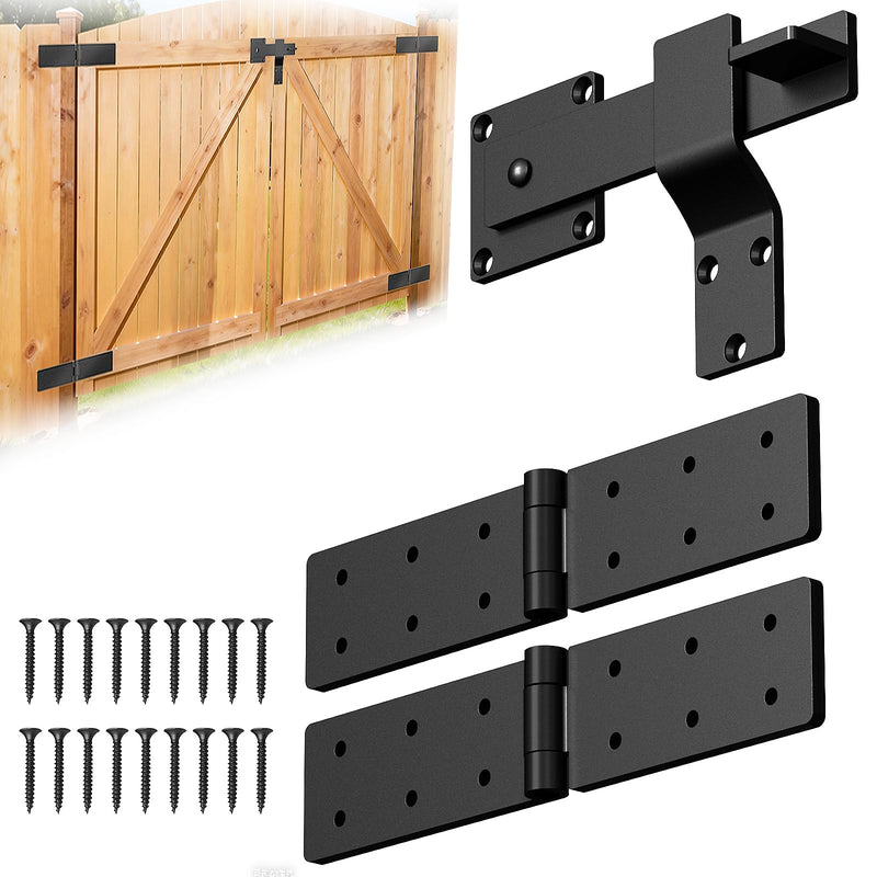 Fence Gate Hinges and Latch Set Heavy Duty -Black 270 Degree Strap Hinge & Adjustable Latch Kit for Outdoor,Garden,Backyard,Barn,Shed Wood Doors -Rust-Resistant Farm Gate Hardware with Screws 1