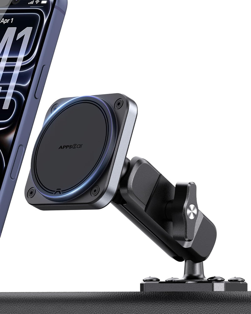 APPS2Car Alloy Magnetic Phone Mount for Boat/Truck/Car/Wall, Drill Base | 20×N55 Strong Magnets, 360° Adjustable, Durable Aluminum&ABS, Heavy Duty Phone Holder for Magsafe iPhone Samsung Most Phones