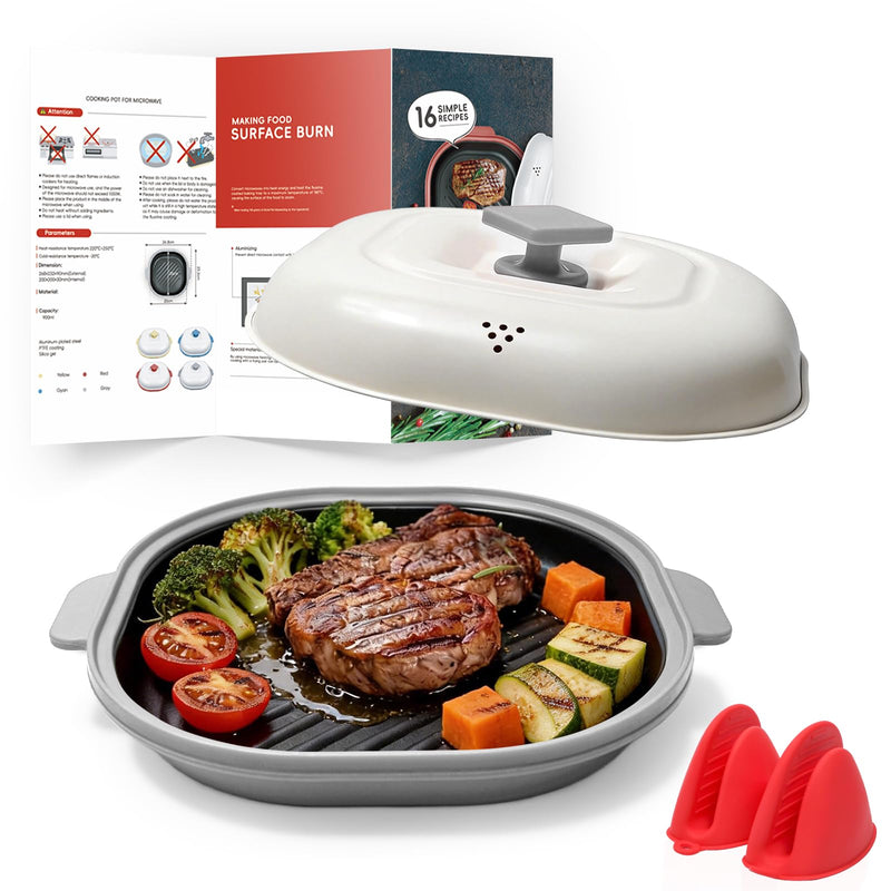 AHJ Microwave Grill Pan with Lid, Microwave Cooker Multi-Use for Grilling, Frying, Browning and Crisping, Microwave Griller & Crisper Pan for Grill Meat, Sandwich, Vegetable, Egg, Potatoes (Gray) Gray Medium