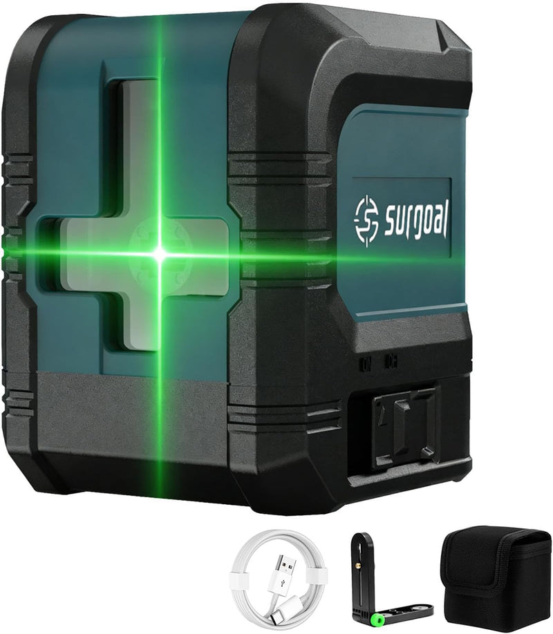 Green Laser Level with USB-C Charging, 100FT Auto-leveling Cross Line Laser, Small, Accurate & Rechargeable with Magnetic Bracket, Carrying Pocket for Picture Hanging Home DIY Project Green SG -LL-G2