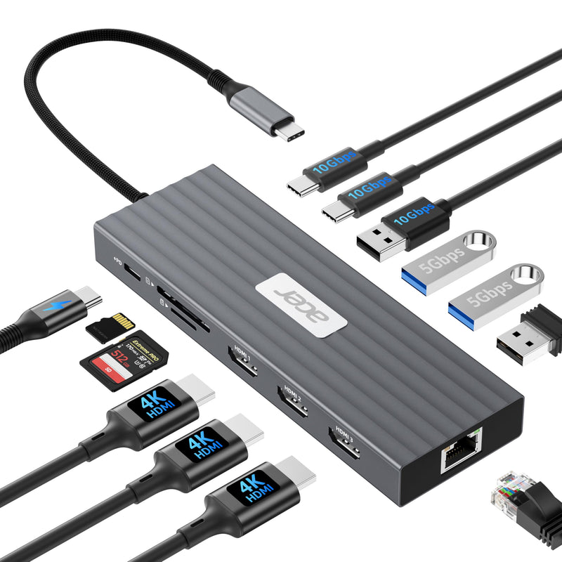 Acer Docking Station 3 Monitors with 3 HDMI, 13-in-1 USB C Hub for Laptop | 4K@60Hz HDMI Video, 1 Gbps Ethernet, 10Gbps Data, 100W PD, SD/TF, Laptop Dock for Acer, XPS, Spectre, Surface, Mac
