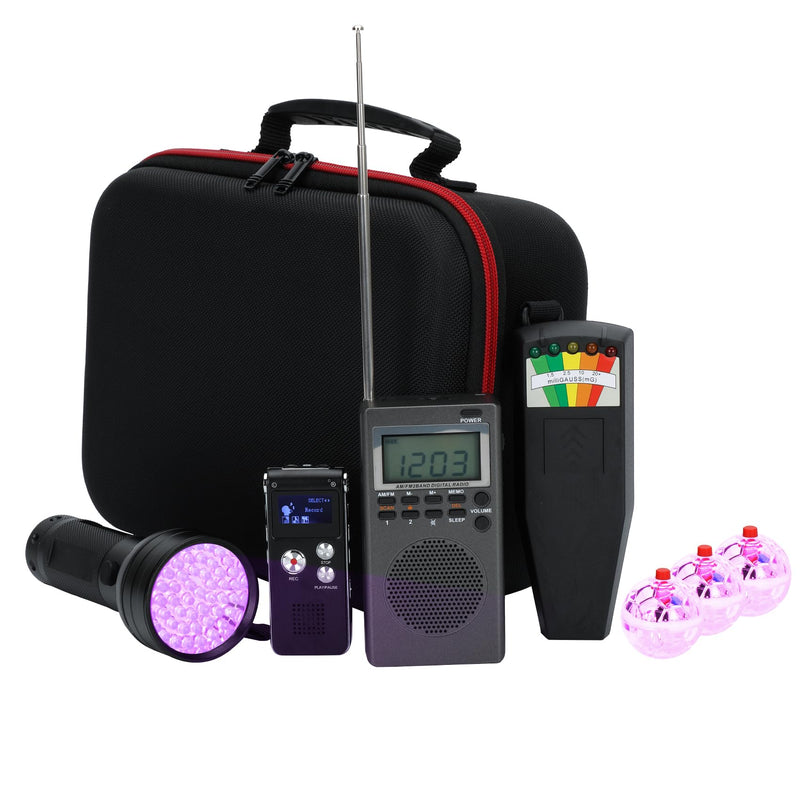 Ghost Hunting Equipment Kit Include EMF Meter,Spirit Box,EVP Recorder,UV Flashlight,3 LED Light up Cat Balls & Carrying Case,Advanced Ghost Kit Advanced Ghost Kit