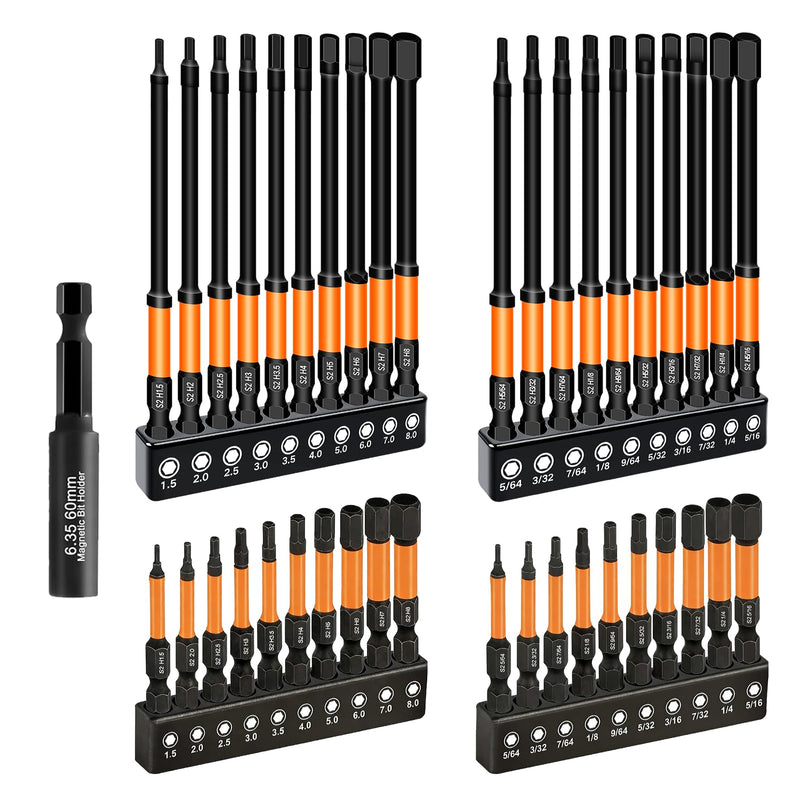 Impact Allen Wrench Drill Bit Set,41PCS 2"&4" Long Hex Bit Set(Metric & SAE), 1/4" Hex-Shank S2 Steel,Impact Driver Bit Set, Magnetic CNC Tips for Drill & Driver with Storage Box 2"&4" Metric & SAE 41PCS