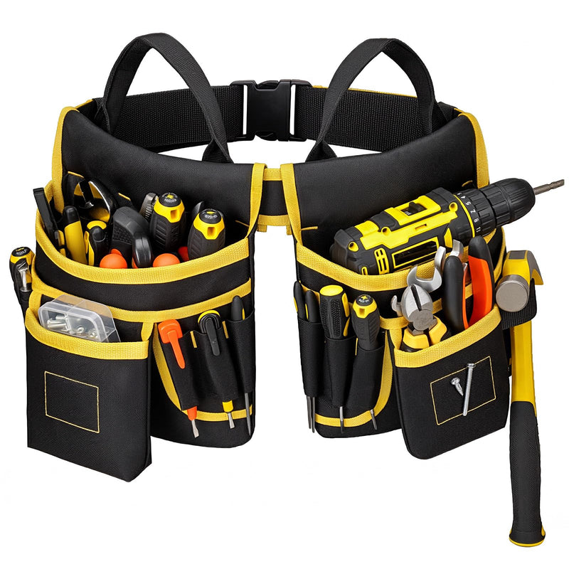 Tool Belt for Men - Tool Pouch for Waist Up to 52” with 18 Pockets 19 Webbing Loops Dual-Side Buckle With Magnet Holster Heavy Duty Tool Bag Organizer for Electrician Carpenter Gift for Men Boyfriend Yellow